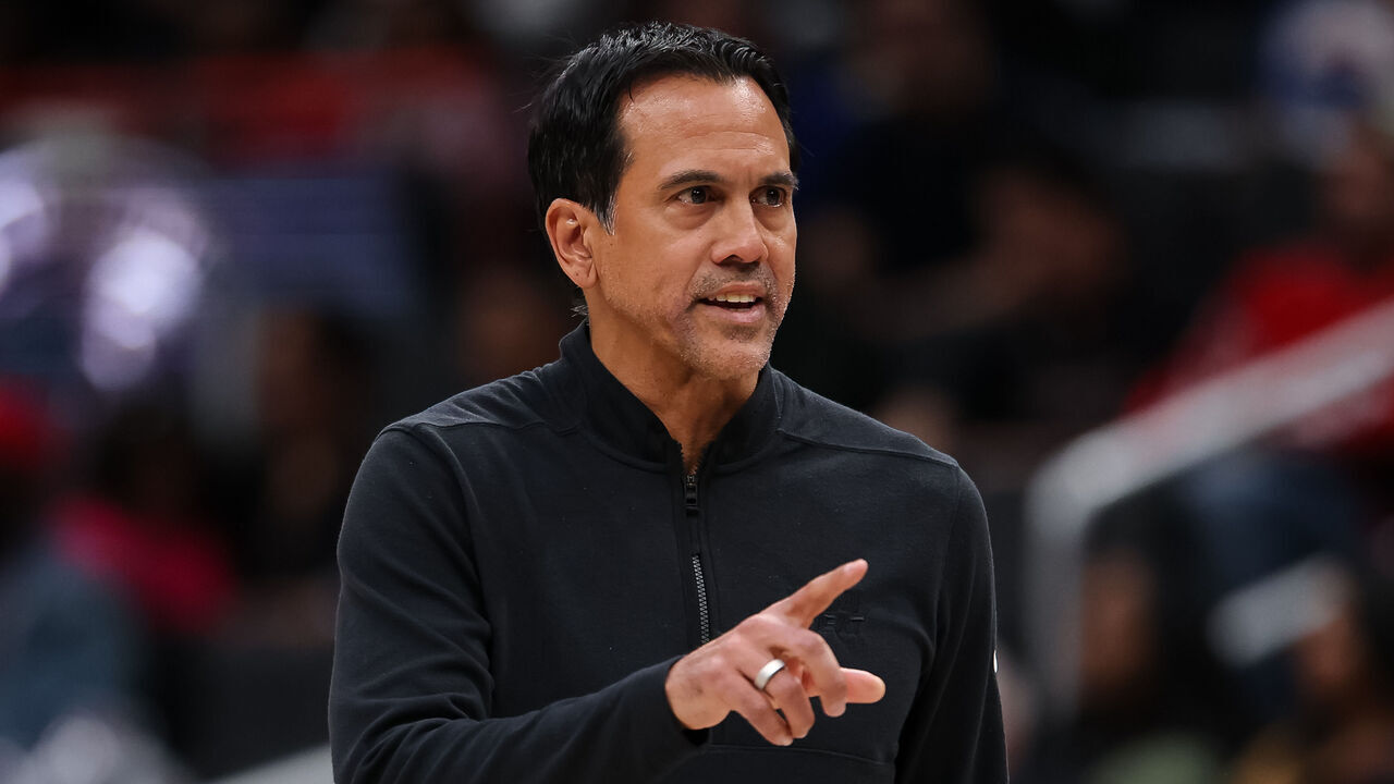 WASHINGTON, DC - APRIL 10: Head coach Erik Spoelstra of the Miami Heat reacts during the second half against the Miami Heat at Capital One Arena on April 10, 2026 in Washington, DC.