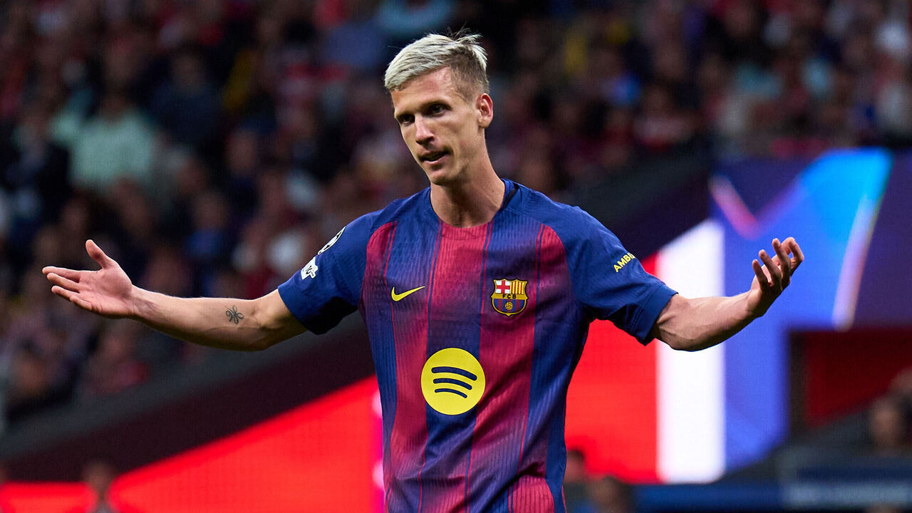 MADRID, SPAIN - APRIL 14: Dani Olmo of FC Barcelona reacts during the UEFA Champions League 2025/26 Quarter-Final Second Leg match between Club Atlético de Madrid and FC Barcelona at on April 14, 2026 in Madrid, Spain.