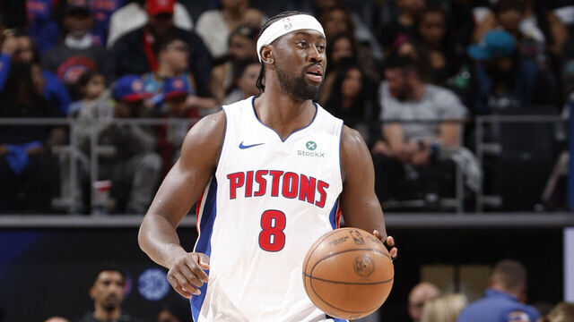 DETROIT, MI - APRIL 8: Caris LeVert #8 of the Detroit Pistons dribbles the ball during the game against the Milwaukee Bucks on April 8, 2026 at Little Caesars Arena in Detroit, Michigan. NOTE TO USER: User expressly acknowledges and agrees that, by downloading and/or using this photograph, User is consenting to the terms and conditions of the Getty Images License Agreement. Mandatory Copyright Notice: Copyright 2026 NBAE