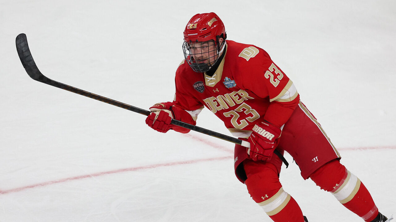 LAS VEGAS, NEVADA - APRIL 9: Eric Pohlkamp #23 of the Denver Pioneers skates against the Michigan Wolverines in the first period during the NCAA Division I Men's Ice Hockey Frozen Four semifinal at the T-Mobile Arena in Las Vegas, Nevada on April 9, 2026. The Pioneers won 4-3 in double overtime.