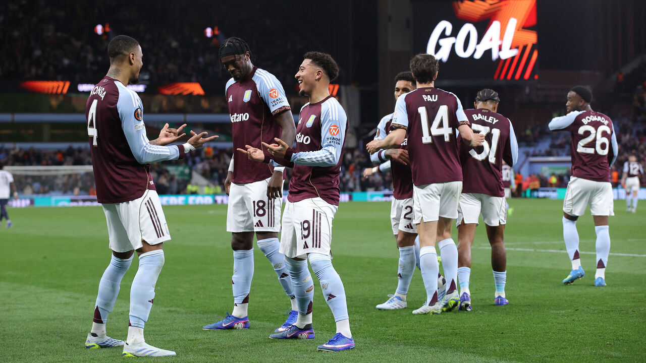 BIRMINGHAM, ENGLAND - APRIL 16: Ezri Konsa of Aston Villa celebrates after scoring their side's fourth goal during the UEFA Europa League 2025/26 Quarter-Final Leg Two match between Aston Villa FC and Bologna FC 1909 at Villa Park on April 16, 2026 in Birmingham, England.