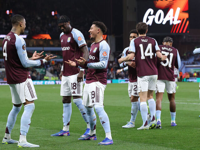 BIRMINGHAM, ENGLAND - APRIL 16: Ezri Konsa of Aston Villa celebrates after scoring their side's fourth goal during the UEFA Europa League 2025/26 Quarter-Final Leg Two match between Aston Villa FC and Bologna FC 1909 at Villa Park on April 16, 2026 in Birmingham, England.