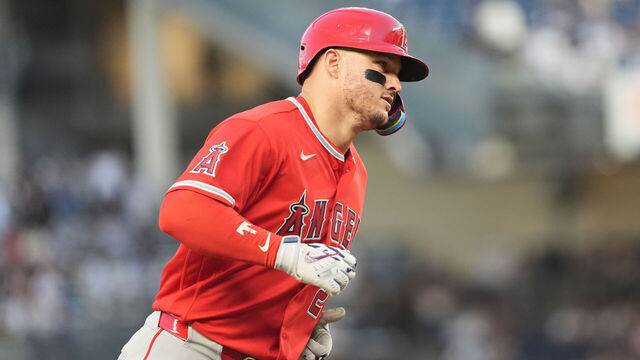 BRONX, NY - APRIL 14: Los Angeles Angels Center Fielder Mike Trout (27) rounds the bases after hitting a home run during the first inning of a Major League Baseball game between the Los Angeles Angels and the New York Yankees on April 14, 2026, at Yankee Stadium in The Bronx, NY.