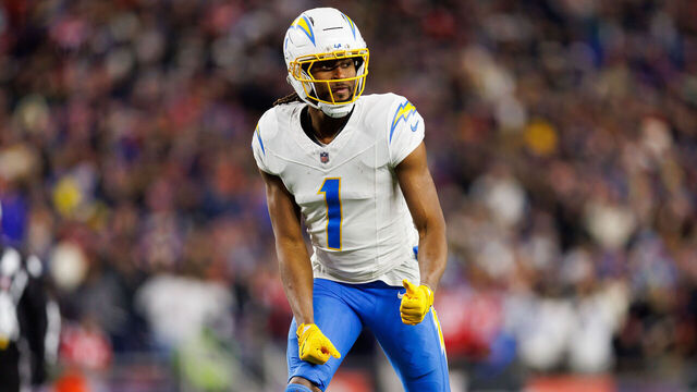 FOXBOROUGH, MASSACHUSETTS - JANUARY 11: Quentin Johnston #1 of the Los Angeles Chargers gets set during the second quarter of an NFL wild card playoff football game against the New England Patriots at Gillette Stadium on January 11, 2026 in Foxborough, Massachusetts.