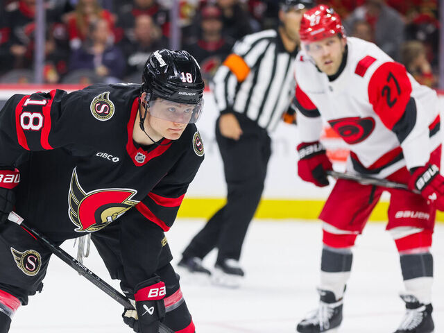 OTTAWA, ON - APRIL 05: Tim Stutzle #18 of the Ottawa Senators before a face-off against the Carolina Hurricanes on April 5, 2026, at Canadian Tire Centre in Ottawa, ON, Canada.
