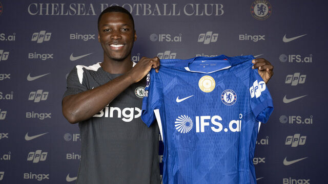 COBHAM, ENGLAND - APRIL 17: Moises Caicedo of Chelsea signs a contract extension till 2033 at Chelsea Training Ground on April 17, 2026 in Cobham, England.