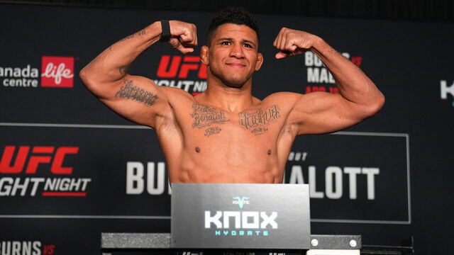 WINNIPEG, CANADA - APRIL 17: Gilbert Burns of Brazil poses on the scale during the UFC Fight Night official weigh-ins at Radisson Hotel Winnipeg Downtown on April 17, 2026 in Winnipeg, Canada.
