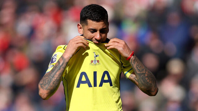SUNDERLAND, ENGLAND - APRIL 12: Cristian Romero of Tottenham Hotspur looks dejected during the Premier League match between Sunderland and Tottenham Hotspur at Stadium of Light on April 12, 2026 in Sunderland, England.