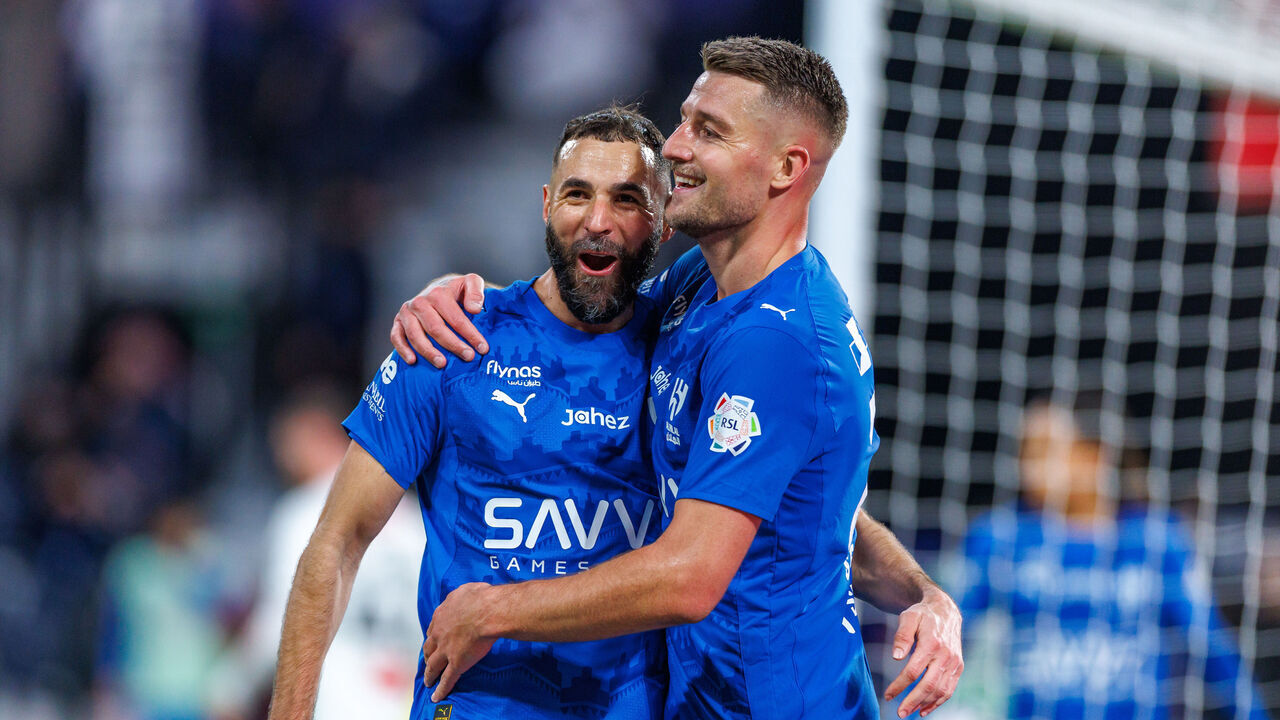 RIYADH, SAUDI ARABIA - MARCH 6: Karim Benzema of Al Hilal FC celebrates scoring their second goal during the Saudi Pro League game between Al Hilal and Al Najmah at Kingdom Arena on March 6, 2026 in Riyadh, Saudi Arabia.