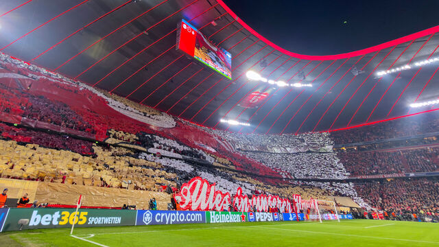 MUNICH, GERMANY - APRIL 15: Fan choreography before the UEFA Champions League 2025/26 Quarter-Final Second Leg match between FC Bayern München and Real Madrid CF at Football Arena Munich on April 15, 2026 in Munich, Germany.