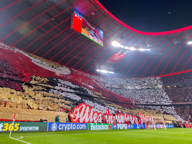MUNICH, GERMANY - APRIL 15: Fan choreography before the UEFA Champions League 2025/26 Quarter-Final Second Leg match between FC Bayern München and Real Madrid CF at Football Arena Munich on April 15, 2026 in Munich, Germany.