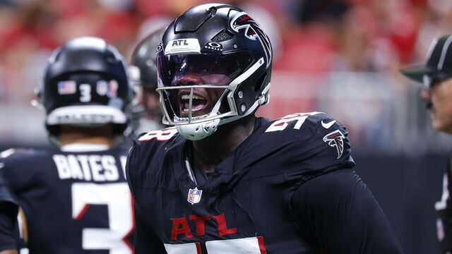 ATLANTA, GEORGIA - SEPTEMBER 7: Ruke Orhorhoro #98 of the Atlanta Falcons reacts during the second quarter against the Tampa Bay Buccaneers at Mercedes-Benz Stadium on September 7, 2025 in Atlanta, United States.