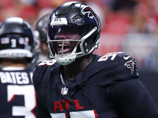 ATLANTA, GEORGIA - SEPTEMBER 7: Ruke Orhorhoro #98 of the Atlanta Falcons reacts during the second quarter against the Tampa Bay Buccaneers at Mercedes-Benz Stadium on September 7, 2025 in Atlanta, United States.