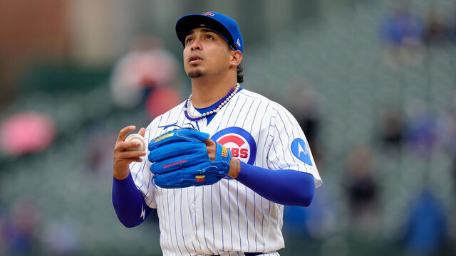 CHICAGO, ILLINOIS - APRIL 1: Daniel Palencia #48 of the Chicago Cubs pitches in a game against the Los Angeles Angels at Wrigley Field on April 1, 2026 in Chicago, Illinois.