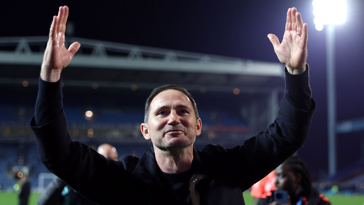 BLACKBURN, ENGLAND - APRIL 17: Frank Lampard, Manager of Coventry City, celebrates securing promotion towards the fans after the Sky Bet Championship match between Blackburn Rovers and Coventry City at Ewood Park on April 17, 2026 in Blackburn, England.