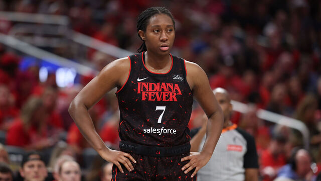 INDIANAPOLIS, INDIANA - SEPTEMBER 26: Aliyah Boston #7 of the Indiana Fever during the game against the Las Vegas Aces in Game Three of the semifinals of the 2025 WNBA Playoffs at Gainbridge Fieldhouse on September 26, 2025 in Indianapolis, Indiana.