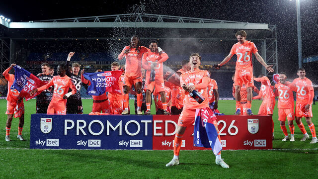 BLACKBURN, ENGLAND - APRIL 17: The Coventry City team celebrate their promotion following the Sky Bet Championship match between Blackburn Rovers and Coventry City at Ewood Park on April 17, 2026 in Blackburn, England.