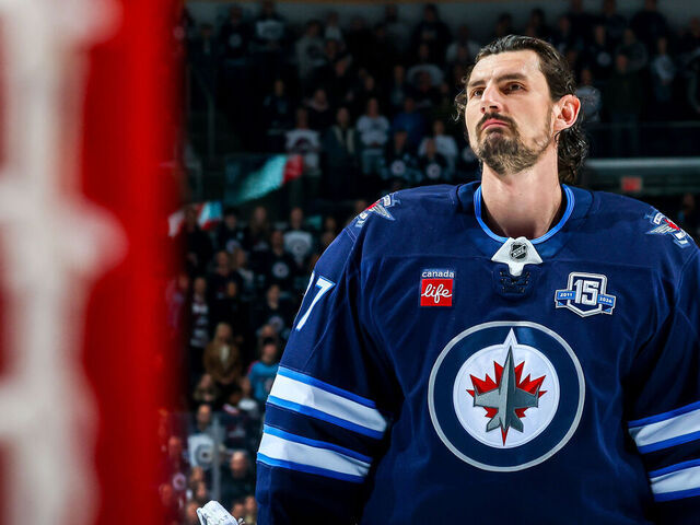 WINNIPEG, CANADA - MARCH 26: Goaltender Connor Hellebuyck #37 of the Winnipeg Jets looks on prior to NHL action against the Colorado Avalanche at Canada Life Centre on March 26, 2026 in Winnipeg, Manitoba, Canada.