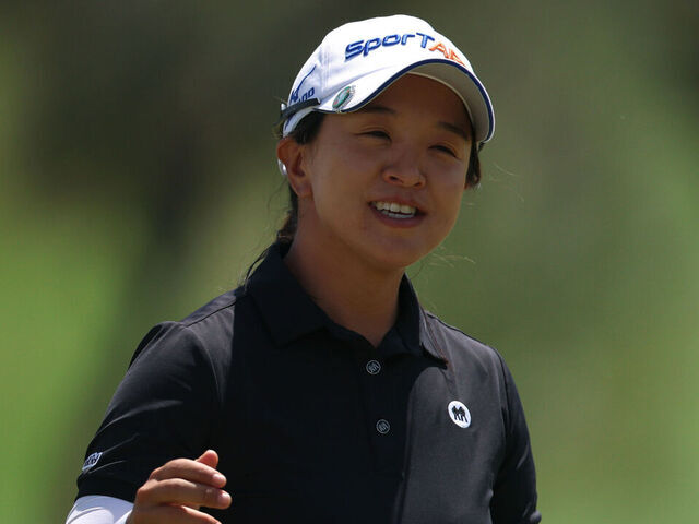 TARZANA, CALIFORNIA - APRIL 17: Sei Young Kim of South Korea reacts after her putt on the 18th green to finish 14 under par for the tournament during the second round of the JM Eagle LA Championship presented by Plastpro at El Caballero Country Club on April 17, 2026 in Tarzana, California.
