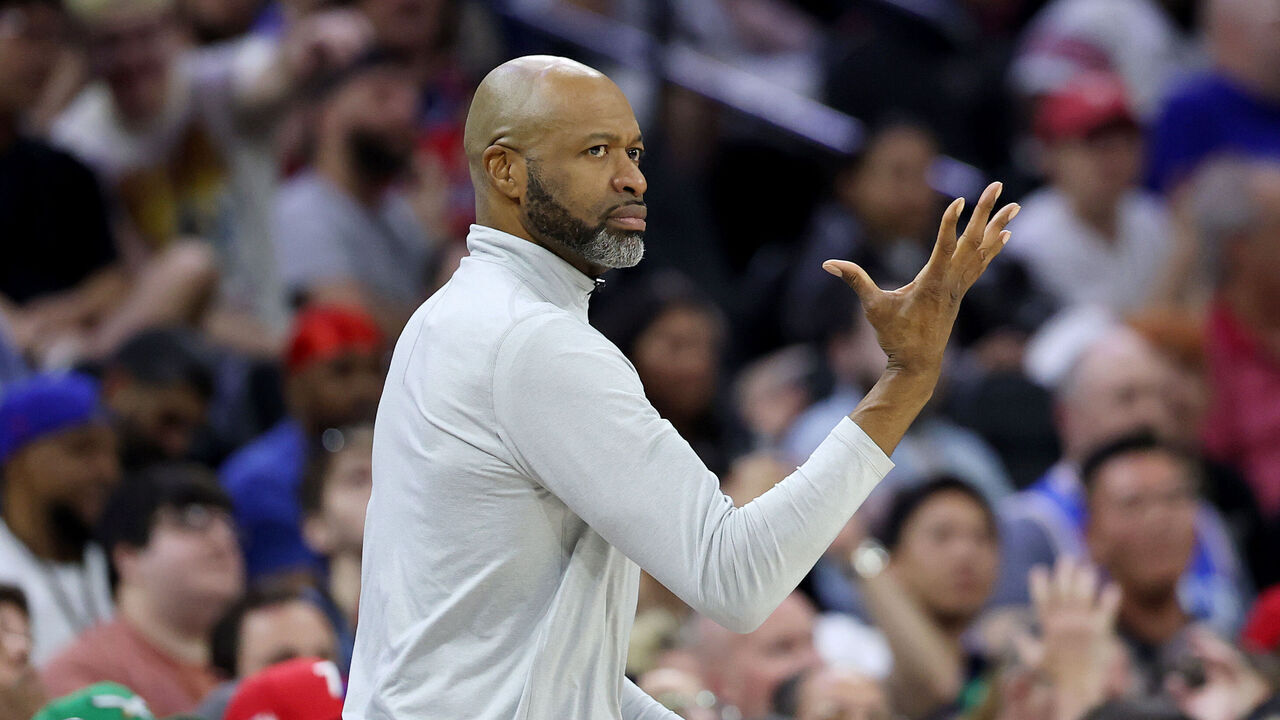 PHILADELPHIA, PENNSYLVANIA - APRIL 15: Orlando Magic head coach Jamahl Mosley reacts during the first half of an NBA play-in tournament game against the Philadelphia 76ers at Xfinity Mobile Arena on April 15, 2026 in Philadelphia, Pennsylvania.