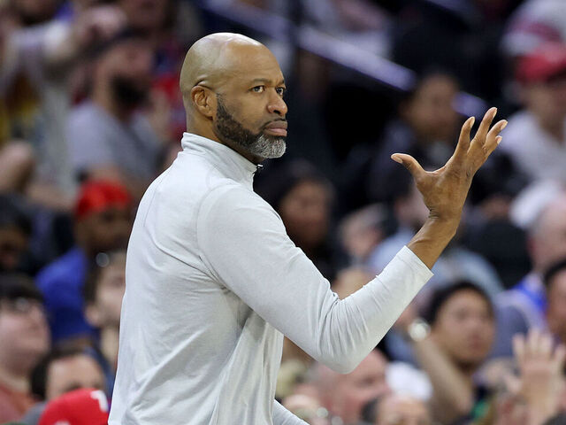 PHILADELPHIA, PENNSYLVANIA - APRIL 15: Orlando Magic head coach Jamahl Mosley reacts during the first half of an NBA play-in tournament game against the Philadelphia 76ers at Xfinity Mobile Arena on April 15, 2026 in Philadelphia, Pennsylvania.