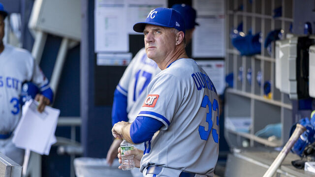 BRONX, NY - APRIL 17: Kansas City Royals manager Matt Quatraro looks at the scoreboard before the MLB professional baseball game between the Kansas City Royals and New York Yankees at Yankee Stadium in New York, NY.