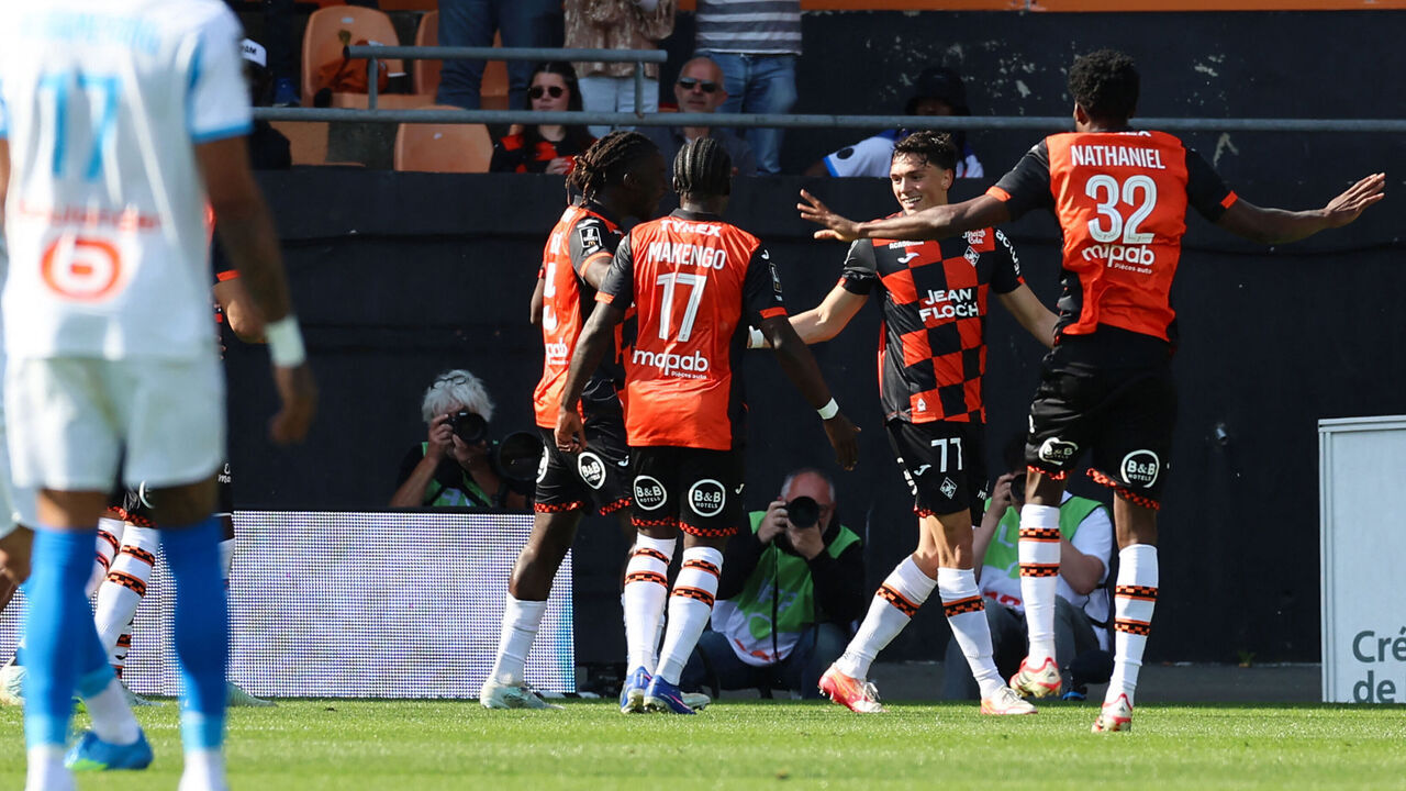 Lorient's Greek midfilder Panos Katseris #77 (2nd R) celebrates after scoring his team first goal during the French L1 football match between FC Lorient and Olympique de Marseille at the Moustoir stadium in Lorient, western France on April 18, 2026.