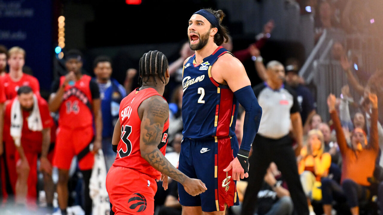 CLEVELAND, OHIO - APRIL 18: Max Strus #2 of the Cleveland Cavaliers celebrates during the second quarter of Game One of the Eastern Conference First Round NBA Playoffs against the Toronto Raptors at Rocket Arena on April 18, 2026 in Cleveland, Ohio.