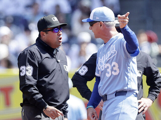 NEW YORK, NEW YORK - APRIL 18: Manager Matt Quatraro #33 of the Kansas City Royals argues with umpire Nestor Ceja #33 after he was thrown out of the game between the Kansas City Royals and the New York Yankees in the first inning at Yankee Stadium on April 18, 2026 in New York City.