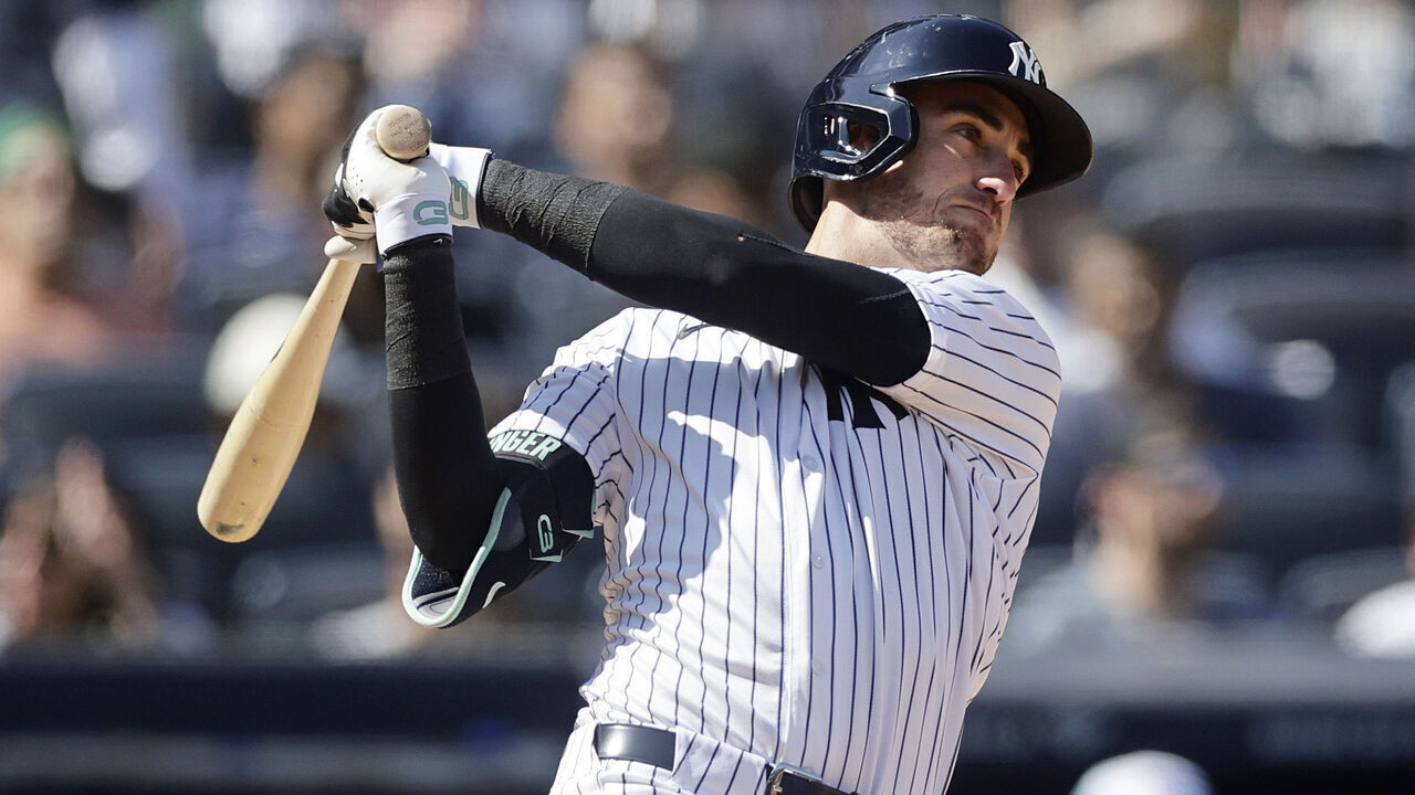 NEW YORK, NEW YORK - APRIL 18: Cody Bellinger #35 of the New York Yankees follows through on his sixth inning two-run home run against the Kansas City Royals at Yankee Stadium on April 18, 2026 in New York City.