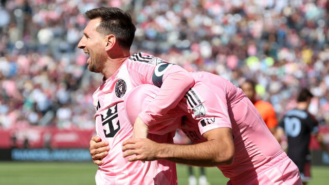 DENVER, COLORADO - APRIL 18: German Berterame #19 of Inter Miami CF celebrates scoring his team's second goal with teammate Lionel Messi #10 during the MLS match between Colorado Rapids and Inter Miami CF at Empower Field At Mile High on April 18, 2026 in Denver, Colorado.