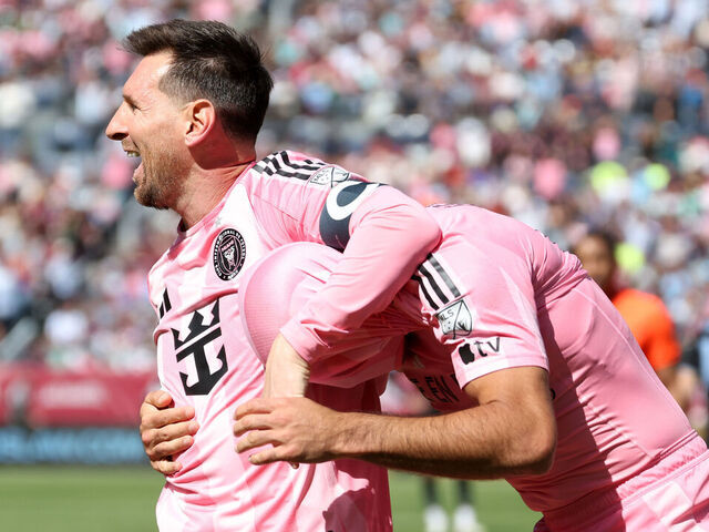 DENVER, COLORADO - APRIL 18: German Berterame #19 of Inter Miami CF celebrates scoring his team's second goal with teammate Lionel Messi #10 during the MLS match between Colorado Rapids and Inter Miami CF at Empower Field At Mile High on April 18, 2026 in Denver, Colorado.