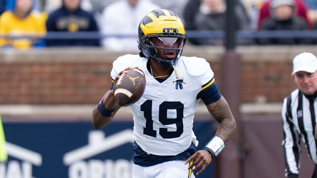 ANN ARBOR, MICHIGAN - APRIL 18: Bryce Underwood #19 of the Blue Team looks to pass the ball during the first half of the Michigan Wolverines' spring football game at Michigan Stadium on April 18, 2026 in Ann Arbor, Michigan.