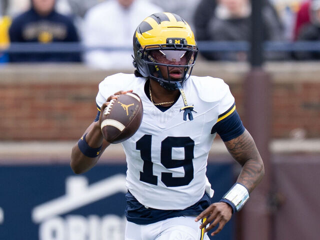 ANN ARBOR, MICHIGAN - APRIL 18: Bryce Underwood #19 of the Blue Team looks to pass the ball during the first half of the Michigan Wolverines' spring football game at Michigan Stadium on April 18, 2026 in Ann Arbor, Michigan.