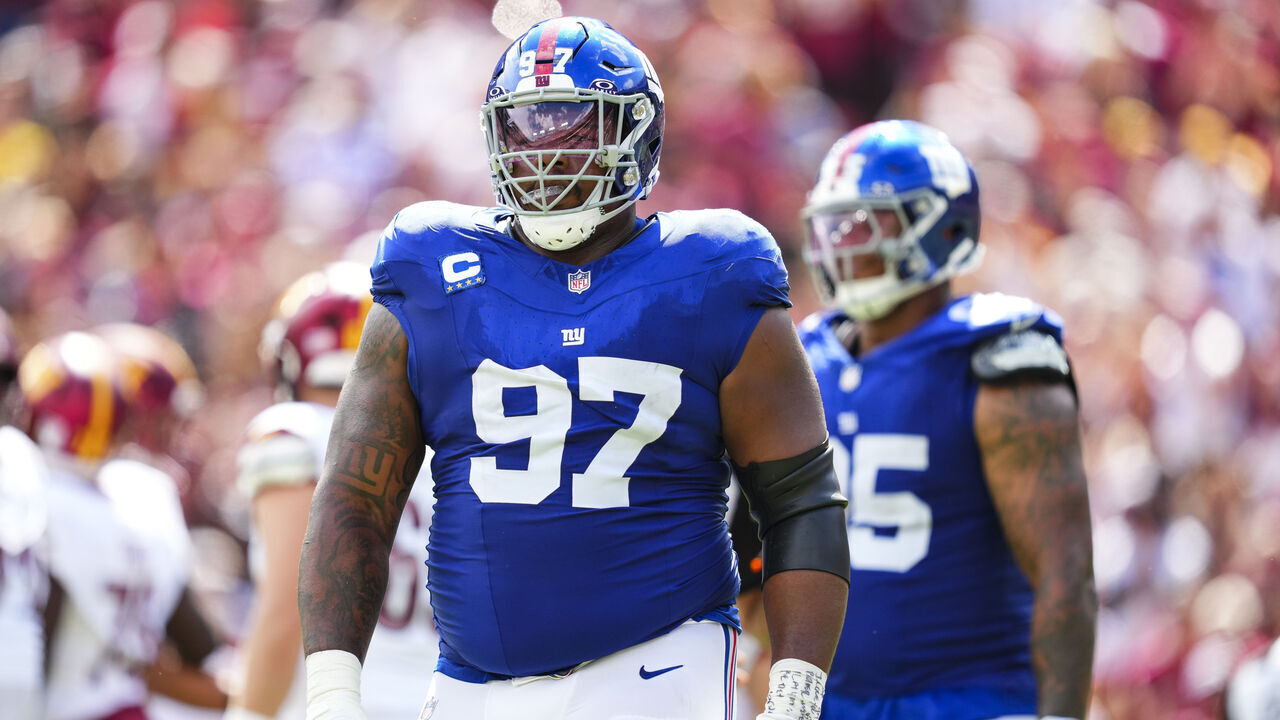 LANDOVER, MD - SEPTEMBER 07: Dexter Lawrence II #97 of the New York Giants looks on from the field during an NFL football game against the Washington Commanders at Northwest Stadium on September 7, 2025 in Landover, Maryland.