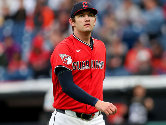 CLEVELAND, OH - APRIL 18: Cleveland Guardians starting pitcher Gavin Williams (32) leaves the mound following the first inning of the Major League Baseball game between the Baltimore Orioles and Cleveland Guardians on April 18, 2026, at Progressive Field in Cleveland, OH.