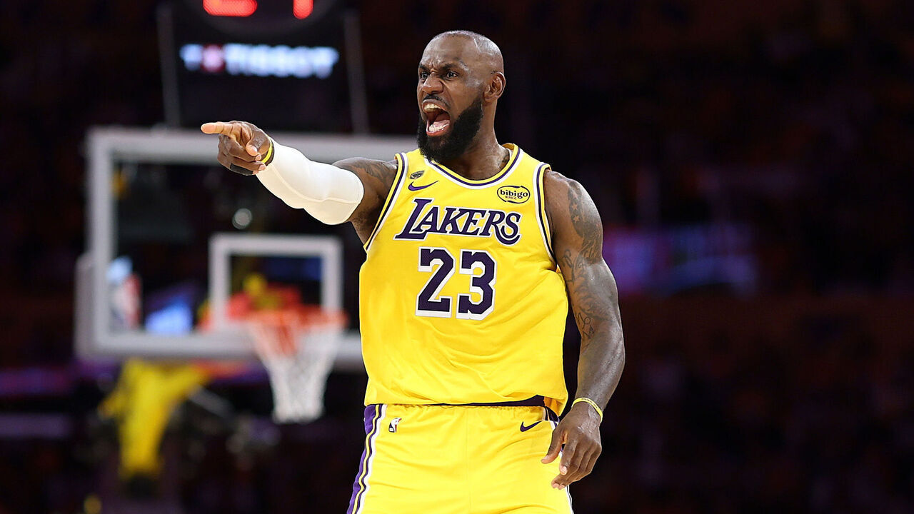 LOS ANGELES, CALIFORNIA - APRIL 18: LeBron James #23 of the Los Angeles Lakers reacts to making a shot during the first half of Game One of the First Round of the NBA Western Conference Playoffs against the Houston Rockets at Crypto.com Arena on April 18, 2026 in Los Angeles, California.