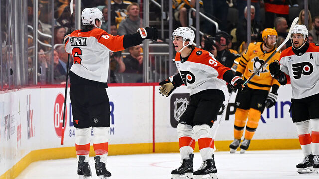 PITTSBURGH, PA - APRIL 18: Travis Sanheim #6 celebrates his goal with Porter Martone #94 of the Philadelphia Flyers during the third period against the Pittsburgh Penguins in Game One of the First Round of the 2026 Stanley Cup Playoffs at PPG PAINTS Arena on April 18, 2026 in Pittsburgh, Pennsylvania.