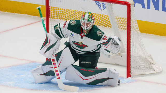 DALLAS, TX - APRIL 18: Minnesota Wild goaltender Jesper Wallstedt (30) tends net during the Stanley Cup Playoffs First Round game 1 between the Dallas Stars and the Minnesota Wild on April 18, 2026 at American Airlines Center in Dallas, TX.