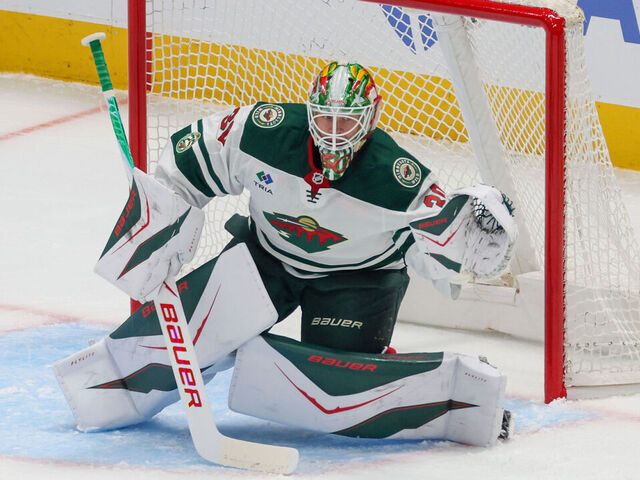 DALLAS, TX - APRIL 18: Minnesota Wild goaltender Jesper Wallstedt (30) tends net during the Stanley Cup Playoffs First Round game 1 between the Dallas Stars and the Minnesota Wild on April 18, 2026 at American Airlines Center in Dallas, TX.