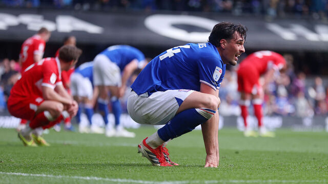 IPSWICH, ENGLAND - APRIL 19: Jacob Greaves of Ipswich Town reacts after the teams draw following the Sky Bet Championship match between Ipswich Town and Middlesbrough at Portman Road on April 19, 2026 in Ipswich, United Kingdom.
