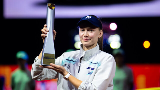 STUTTGART, GERMANY - APRIL 19: Elena Rybakina of Kazakhstan poses with the champions trophy after defeating Karolina Muchova of the Czech Republic in the singles final on Day Seven of the Porsche Tennis Grand Prix at Porsche Arena on April 19, 2026 in Stuttgart, Germany