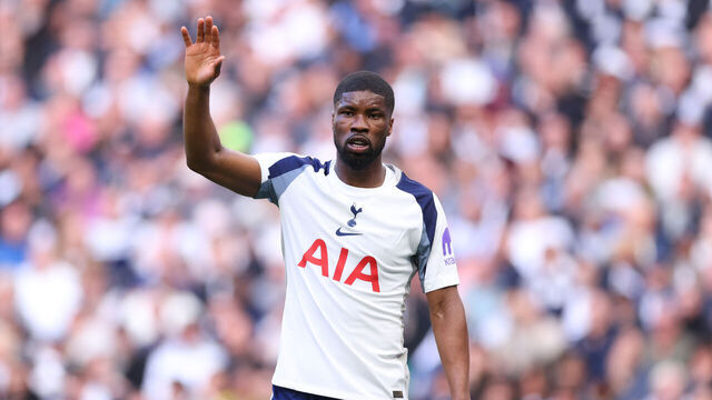 LONDON, ENGLAND - APRIL 18: Kevin Danso of Tottenham Hotspur during the Premier League match between Tottenham Hotspur and Brighton & Hove Albion at Tottenham Hotspur Stadium on April 18, 2026 in London, England.