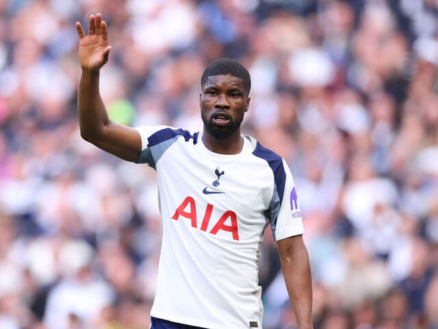 LONDON, ENGLAND - APRIL 18: Kevin Danso of Tottenham Hotspur during the Premier League match between Tottenham Hotspur and Brighton & Hove Albion at Tottenham Hotspur Stadium on April 18, 2026 in London, England.