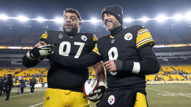 PITTSBURGH, PENNSYLVANIA - JANUARY 4: Cameron Heyward #97 of the Pittsburgh Steelers and Aaron Rodgers #8 of the Pittsburgh Steelers react following an NFL football game against the Baltimore Ravens at Acrisure Stadium on January 04, 2026 in Pittsburgh, Pennsylvania.