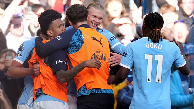 Manchester City's Erling Haaland celebrates scoring their side's second goal of the game during the Premier League match at the Etihad Stadium, Manchester. Picture date: Sunday April 19, 2026.