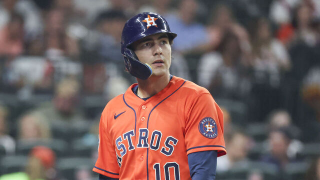 HOUSTON, TX - APRIL 17: Houston Astros left fielder Joey Loperfido (10) strikes out in the bottom of the second inning during the MLB game between the St. Louis Cardinals and Houston Astros on April 17, 2026 at Daikin Park in Houston, Texas.