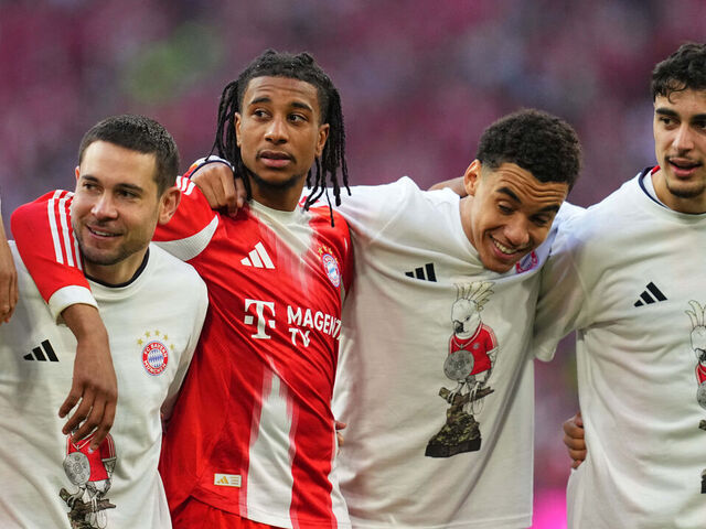 Jamal Musiala (Bayern Munich) and Michael Olise (Bayern Munich) celebrate during Matchday 30 1.Bundesliga: Bayern Munich and Stuttgart at Allianz Arena, Munich, Germany on April 19 2026.