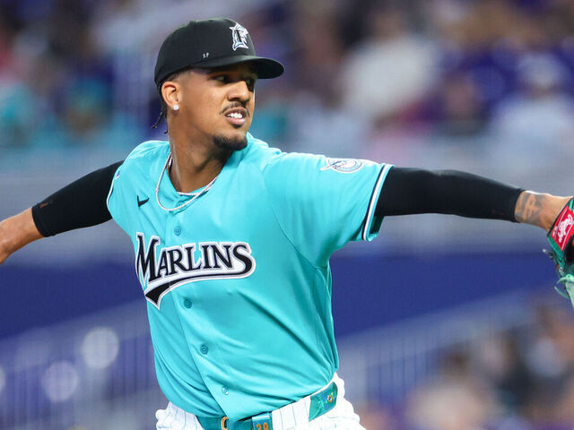 MIAMI, FLORIDA - APRIL 19: Eury Pérez #39 of the Miami Marlins pitches against the Milwaukee Brewers in the first inning of the game at loanDepot park on April 19, 2026 in Miami, Florida.