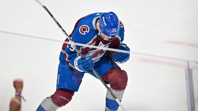 DENVER, CO - APRIL 19: Colorado Avalanche right wing Logan O'Connor (25) celebrates his goal scored in the third period during the Los Angeles Kings versus Colorado Avalanche game one Stanley Cup Playoffs First Round game at Ball Arena in Denver, Colorado on April 19, 2026.